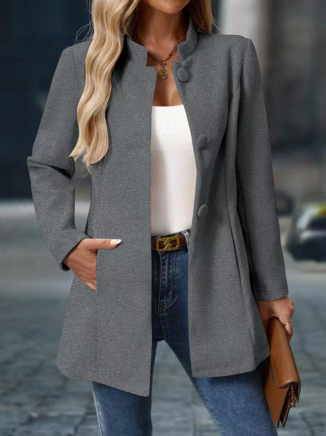Gray classic elegant jacket with notch collar and front button closures