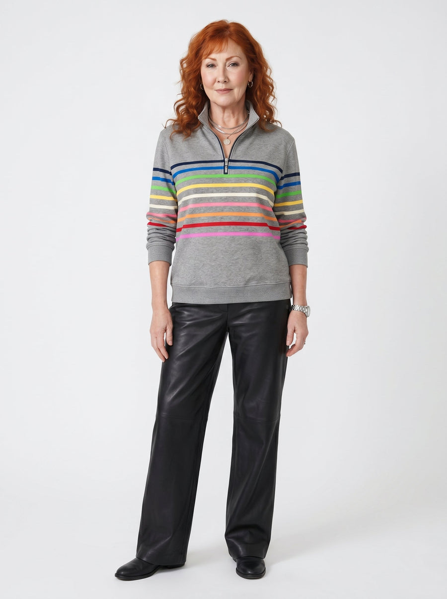 Gray striped zip-neck everyday jumper with long sleeves and half-zip collar