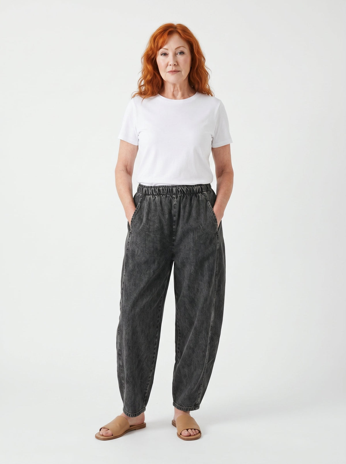 Dark grey relaxed elastic-waist denim trousers with wide legs and elastic waistband