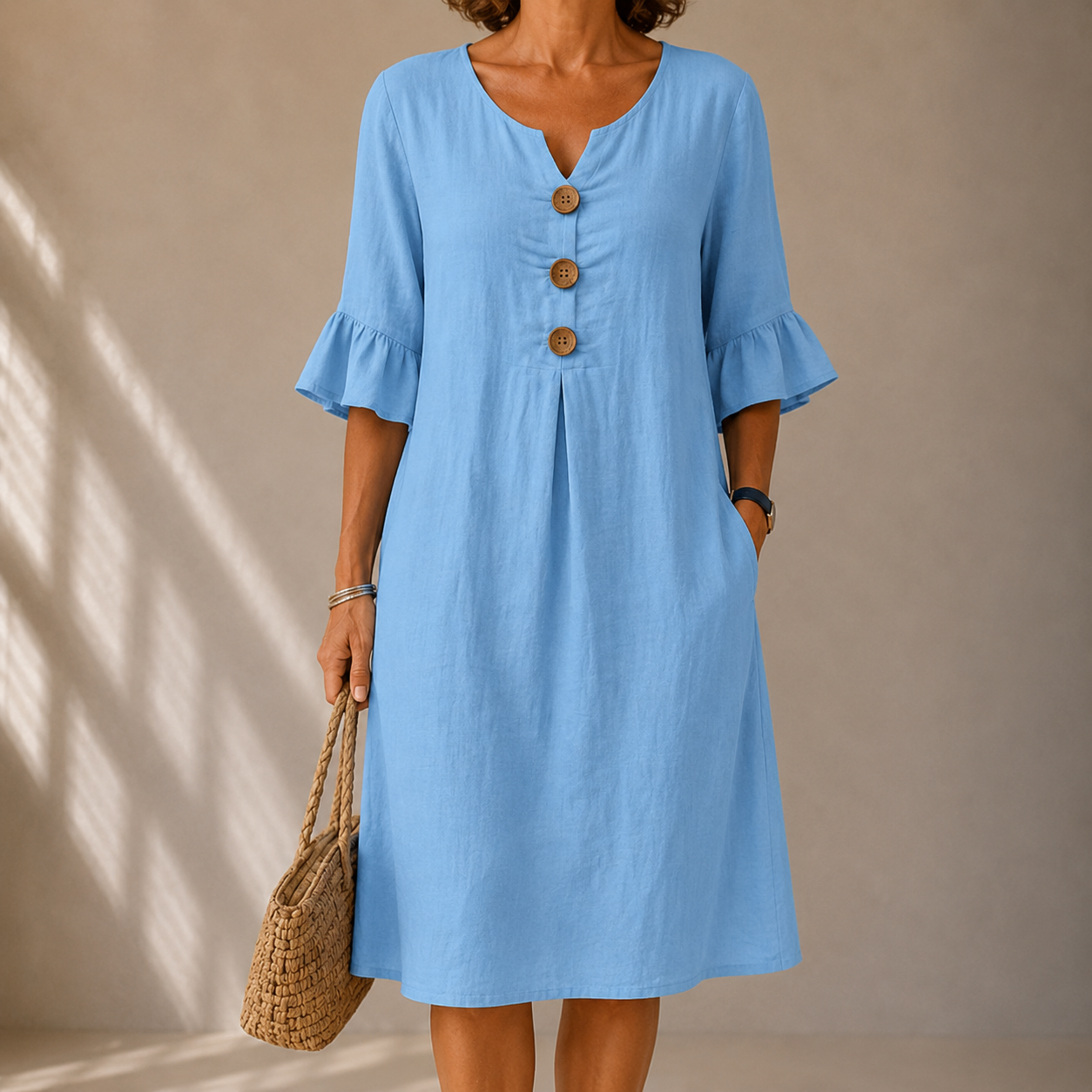 Light blue button-front midi dress with V-neck and three-quarter ruffle sleeves