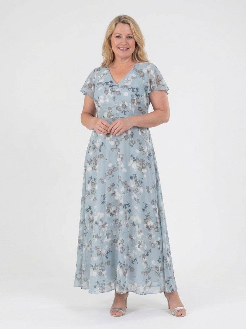 Sky blue floral chiffon maxi dress with short sleeves and V-neck, flowing tiered skirt