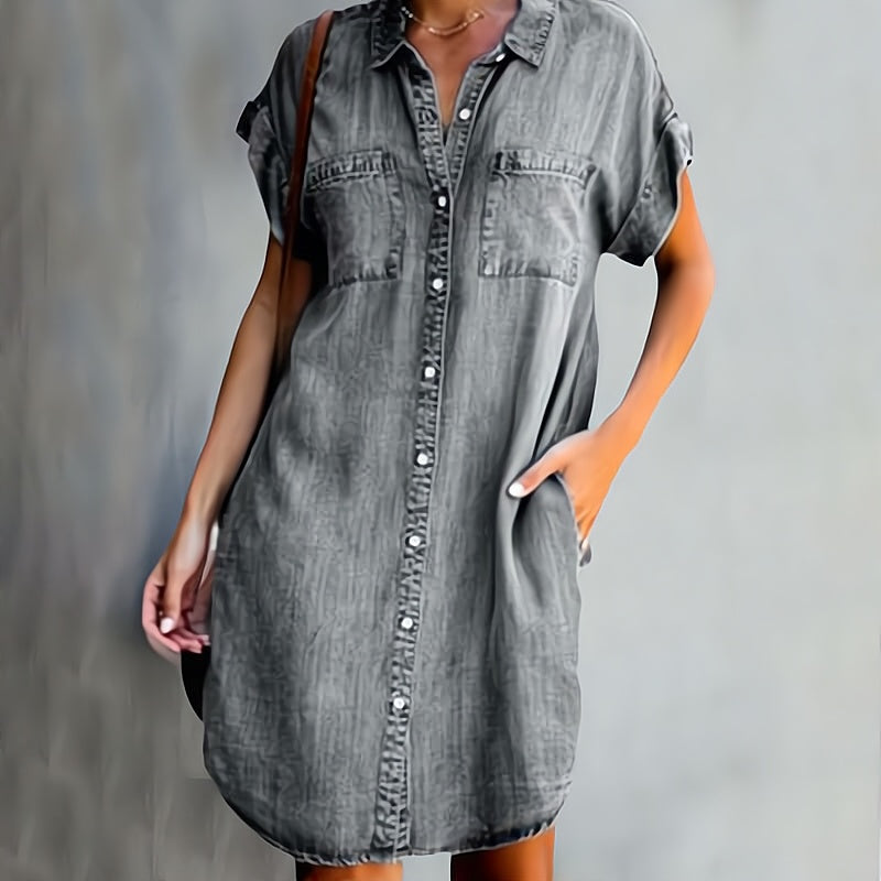 Grey button-through denim shirt dress with short sleeves, collar, and front buttons
