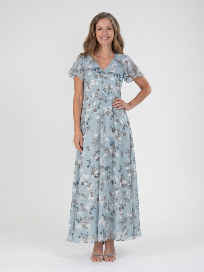 Sky blue floral chiffon maxi dress with short sleeves and V-neck, gathered tiered skirt