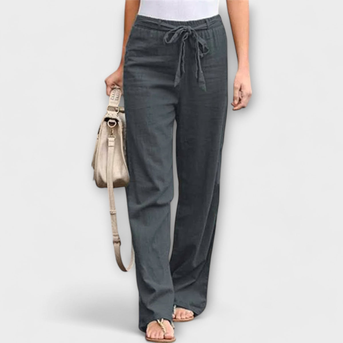 Wide-leg trousers with tie belt, dark grey fabric with elastic waist and wide, tapered drape
