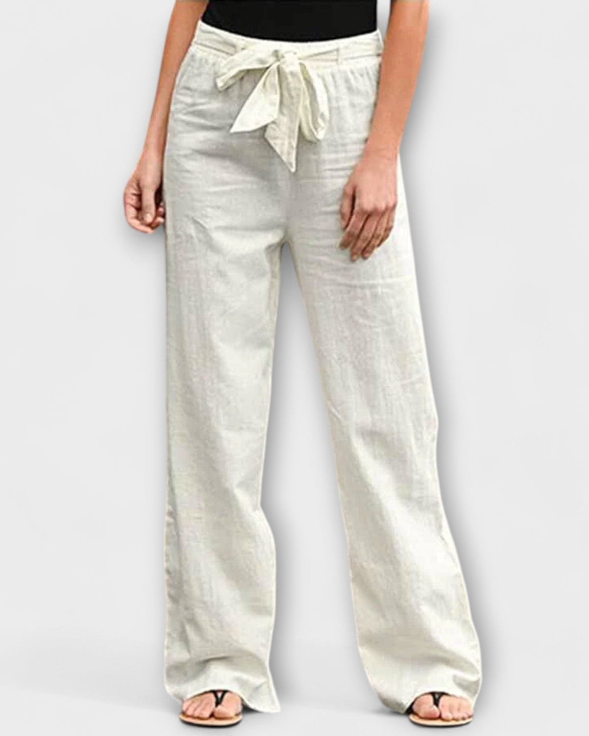 Wide-leg trousers with tie belt, white linen-blend look, relaxed drape and cuffed hems