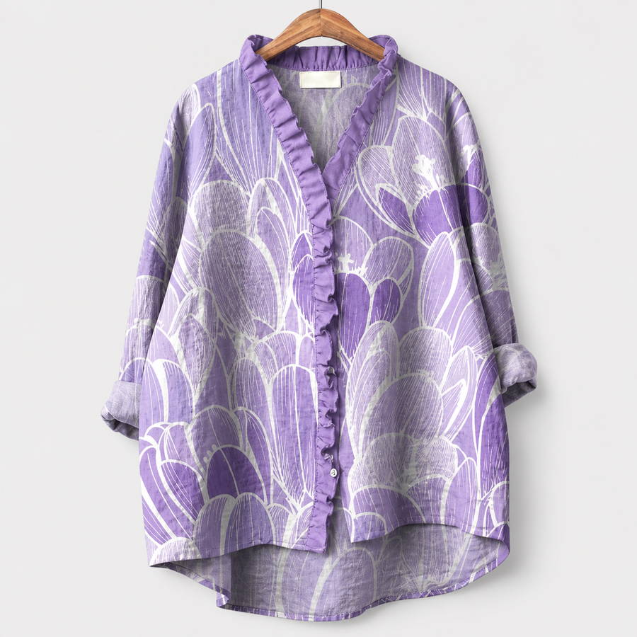 Blusa estiva viola con stampa foglie bianche, bottoni frontali e volant sul davanti