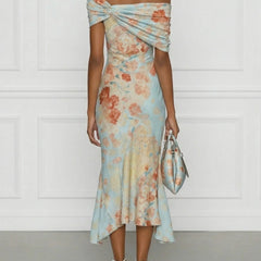 Off-shoulder midi mermaid dress in blue floral print, gathered drape neckline and flared hem