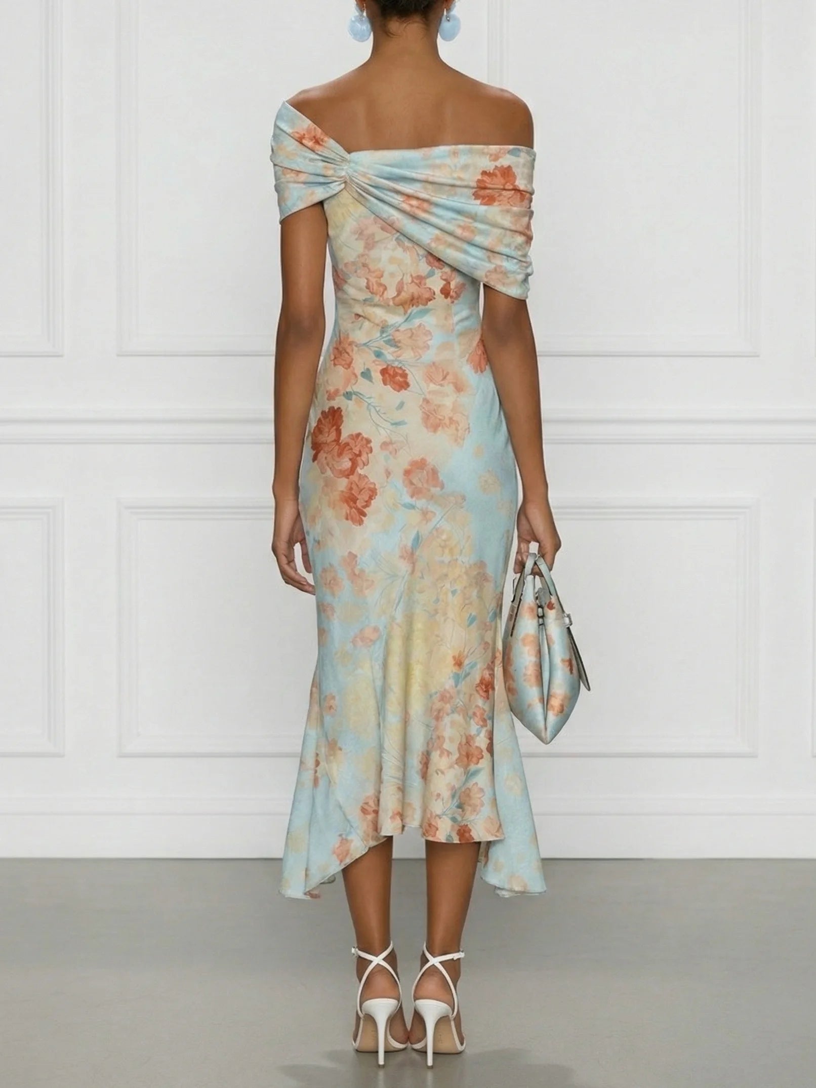 Off-shoulder midi mermaid dress in blue floral print, gathered drape neckline and flared hem