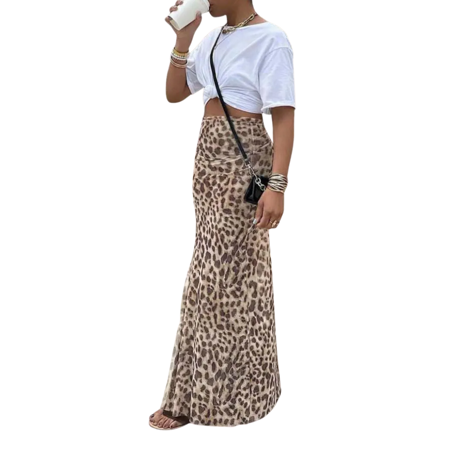 Leopard print fishtail midi skirt in light brown with an A-line drape