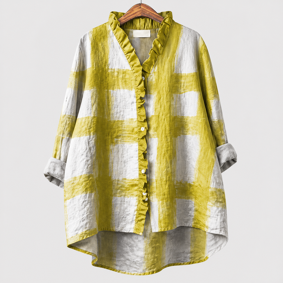 Blusa estiva a righe giallo e bianco, bottoni frontali, maniche a 3/4