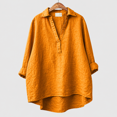 Blusa estiva oversize arancione con scollo a V e colletto a camicia, maniche morbide