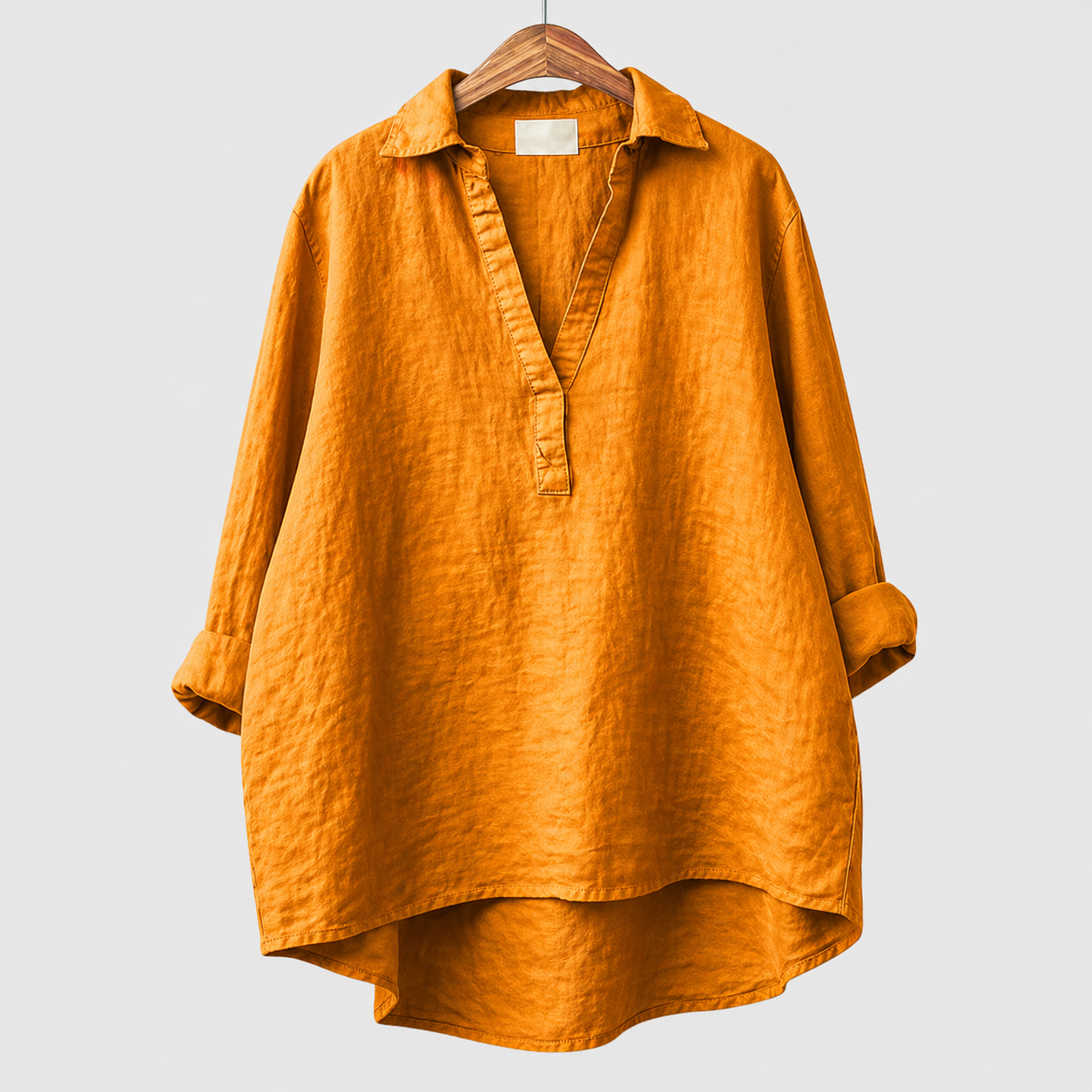 Blusa estiva oversize arancione con scollo a V e colletto a camicia, maniche morbide