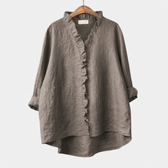 Blusa estiva grigio scuro in tessuto leggero con scollo a V e bottoni davanti