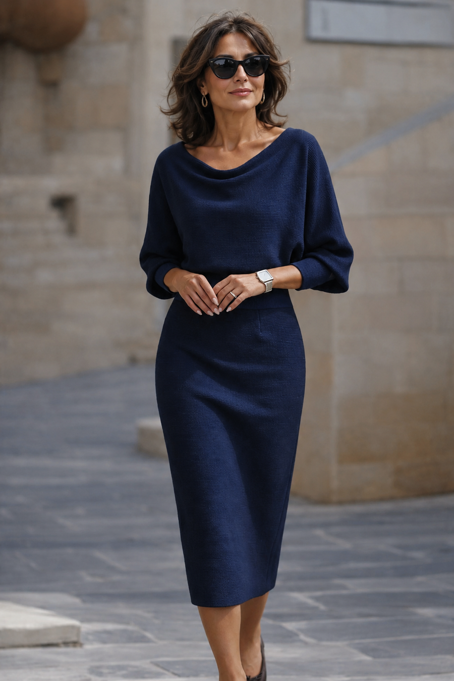 Abito midi elegante blu navy con scollo drappeggiato e maniche a tre quarti