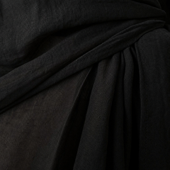 Close-up of black linen-blend fabric with textured weave and flowing folds