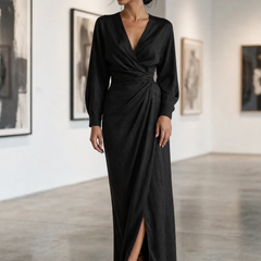 Black linen-blend maxi dress with V-neck wrap twist and long sleeves, side slit