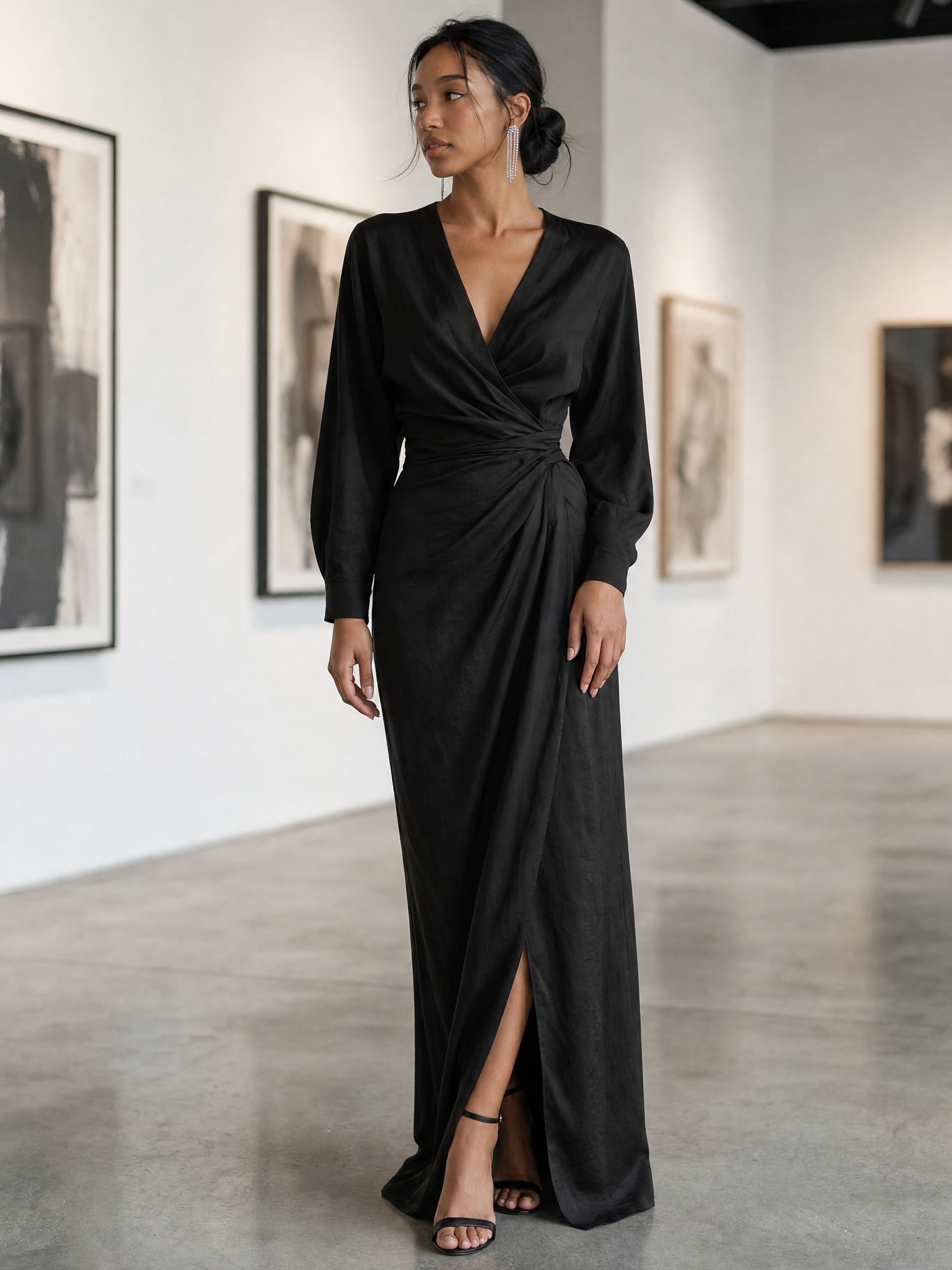 Black linen-blend maxi dress with V-neck wrap twist and long sleeves, side slit