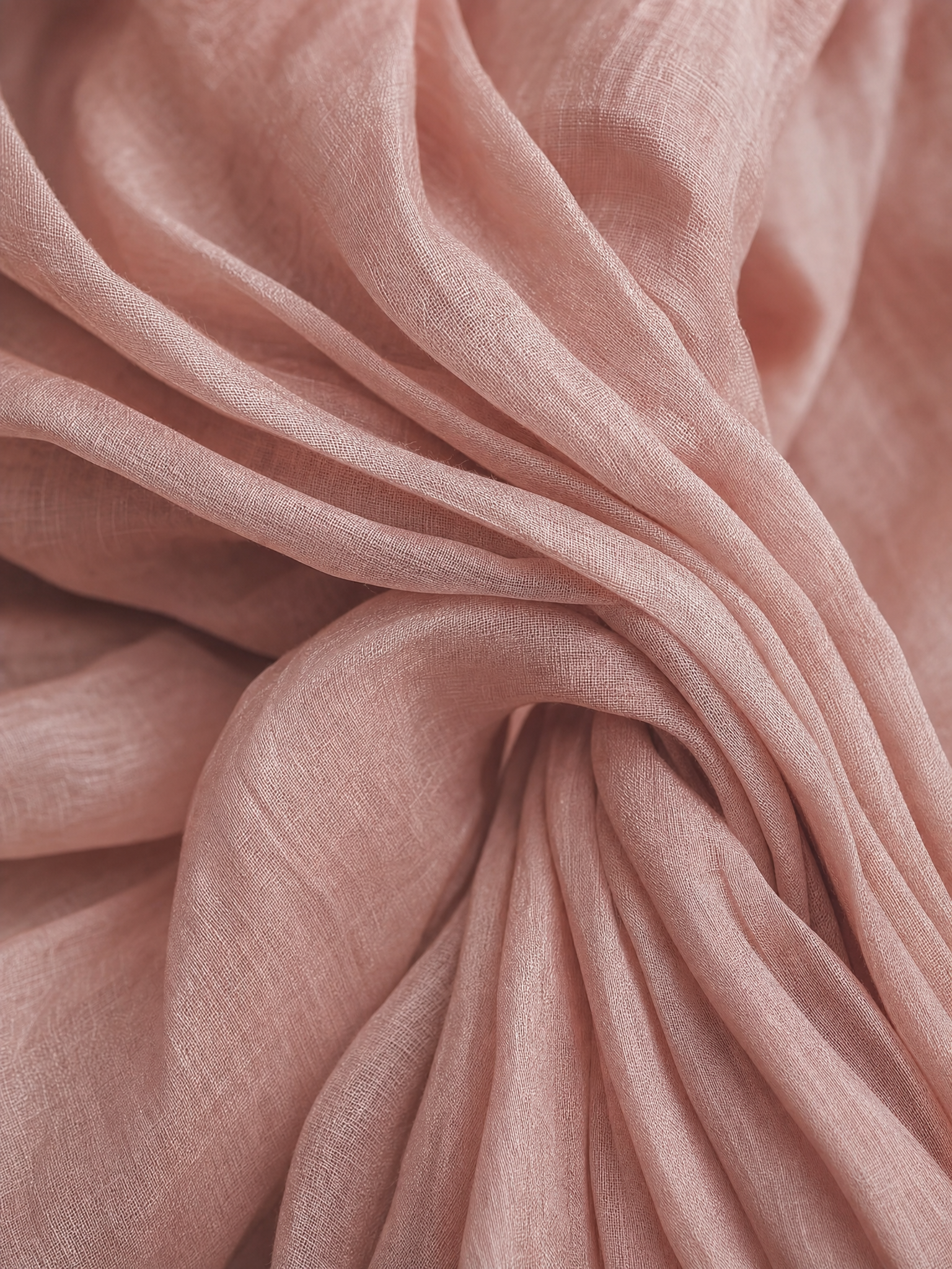 Close-up of pink linen-blend fabric with soft drape and gathered folds