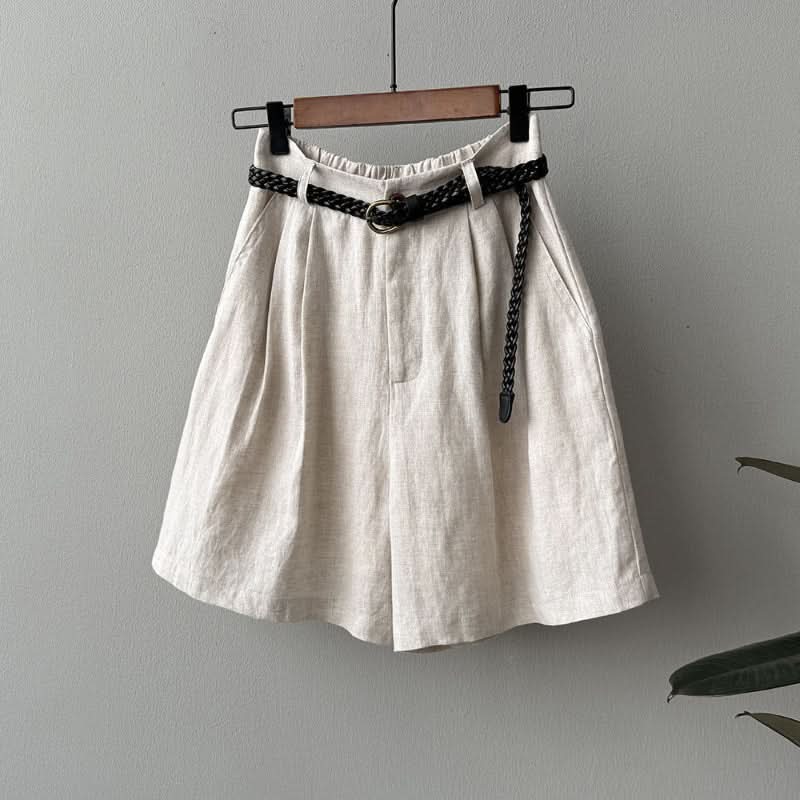 Beige linen shorts with elastic waist and braided tie belt