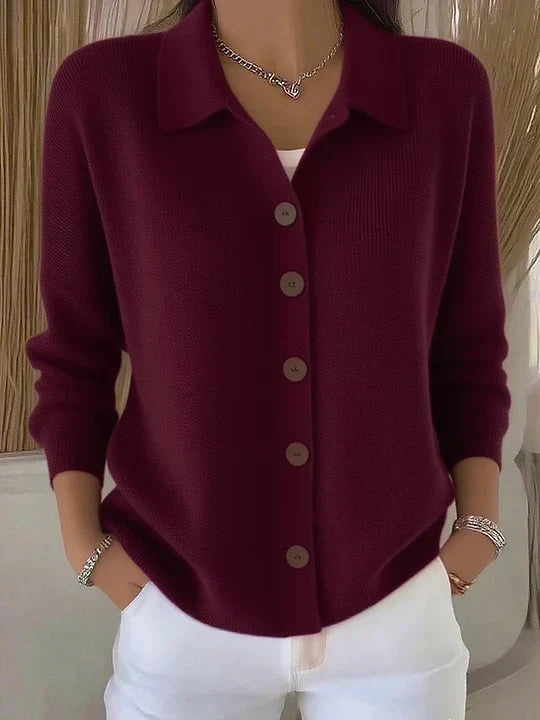 Burgundy button-front collared cardigan sweater with long sleeves, ribbed knit