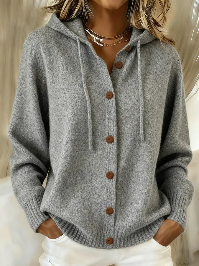 Grey hoodie cardigan with wooden-look button front, hood, long sleeves