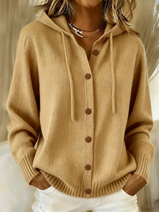 Khaki hoodie cardigan with wooden-look button front, hood, long sleeves