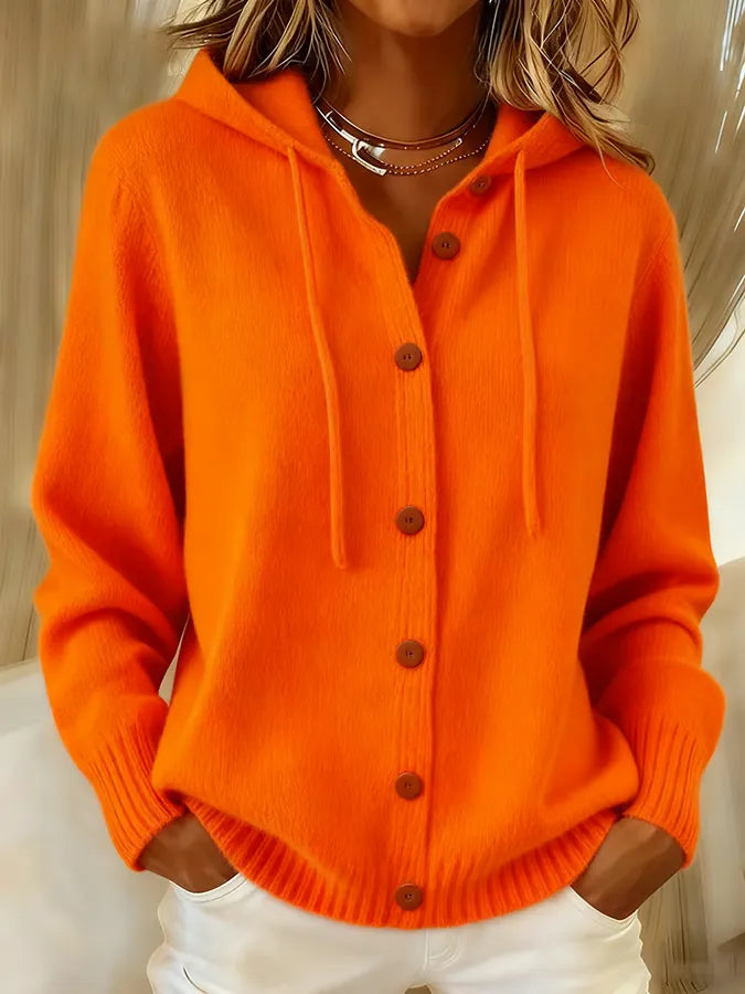 Orange hoodie cardigan with wooden-look button front, hood, long sleeves