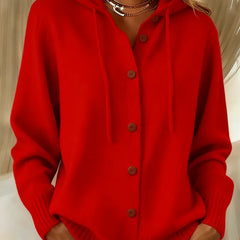 Red hoodie cardigan with wooden-look button front, hood, long sleeves