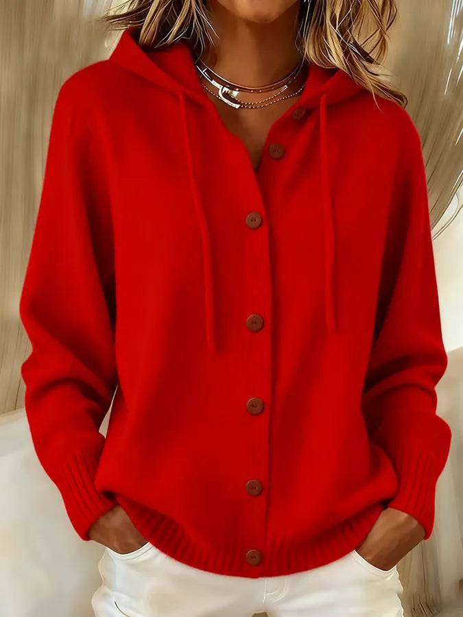 Red hoodie cardigan with wooden-look button front, hood, long sleeves
