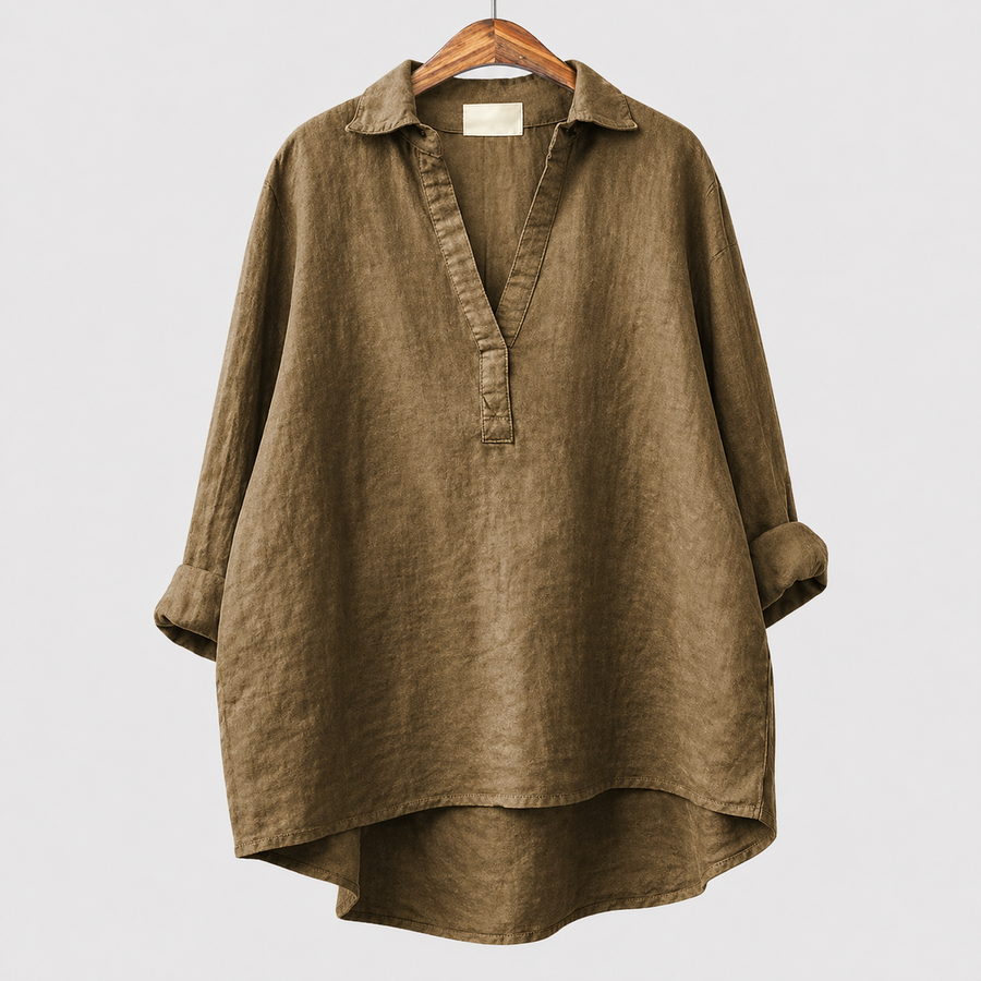 Blusa estiva oversize color khaki con scollo a V e colletto a camicia, maniche ampie
