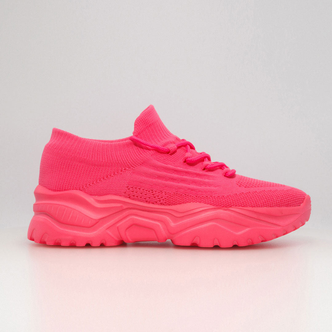 Scarpa ortopedica comoda rosa fucsia in maglia con lacci e suola spessa