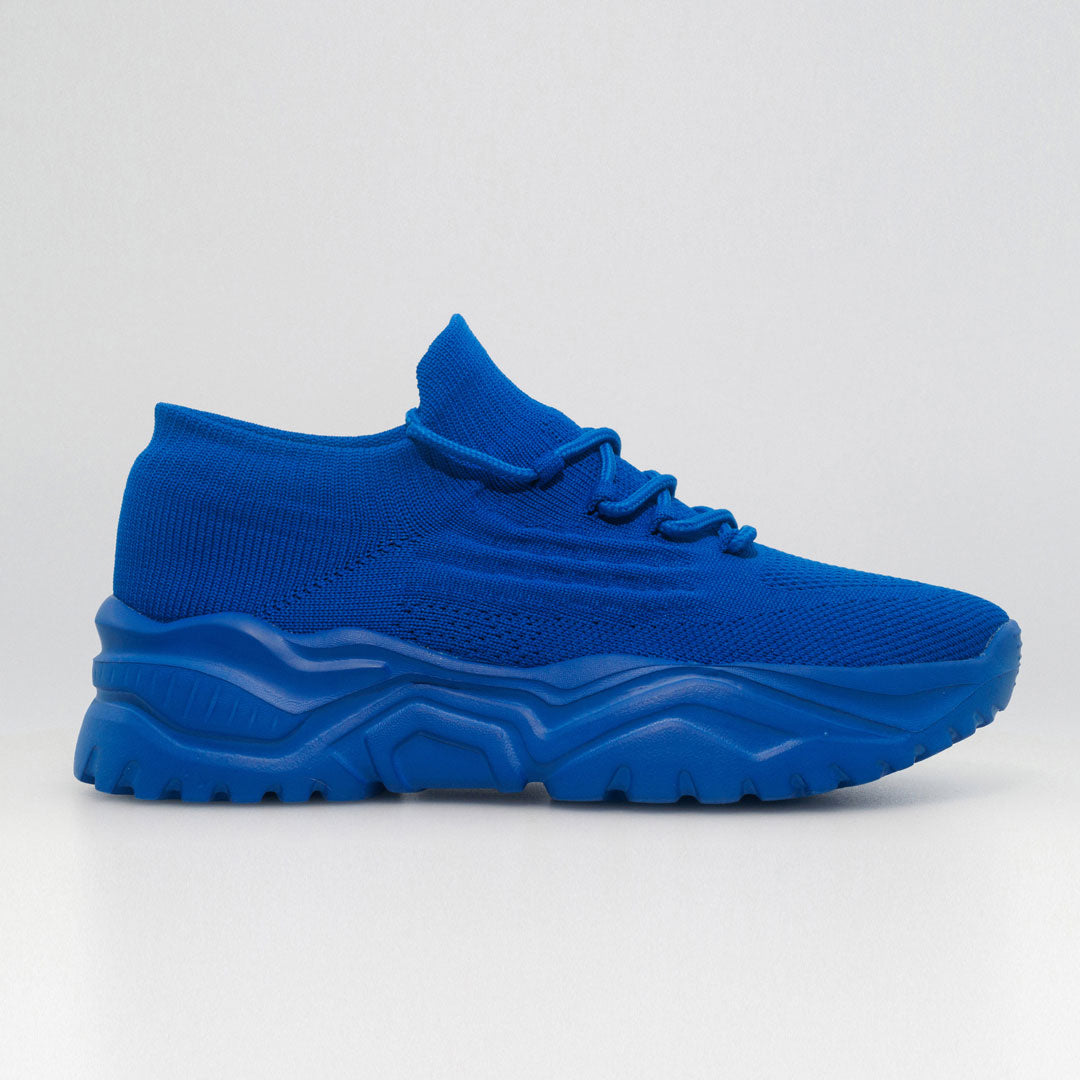 Scarpa ortopedica comoda blu in tessuto elasticizzato con lacci e suola spessa