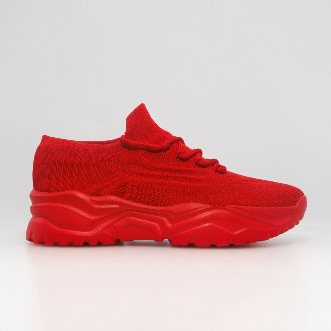 Scarpa ortopedica comoda rossa in maglia con lacci e suola spessa