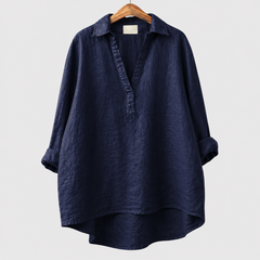 Blusa estiva oversize blu scuro con scollo a V e colletto a camicia, maniche morbide
