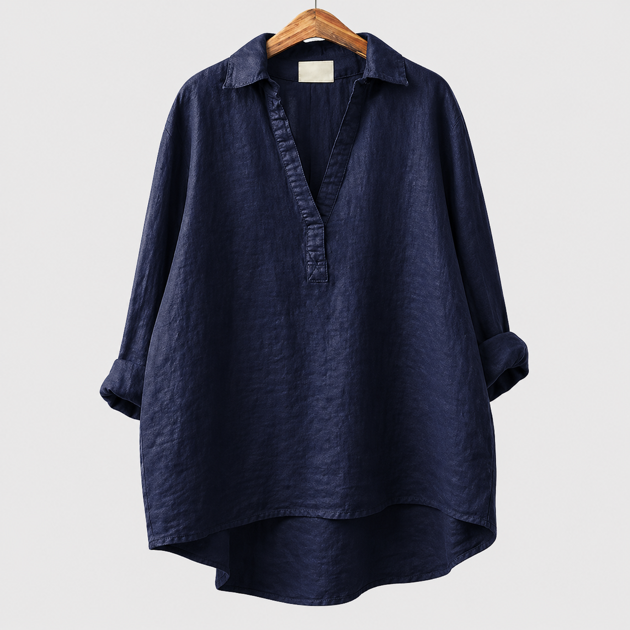 Blusa estiva oversize blu scuro con scollo a V e colletto a camicia, maniche morbide