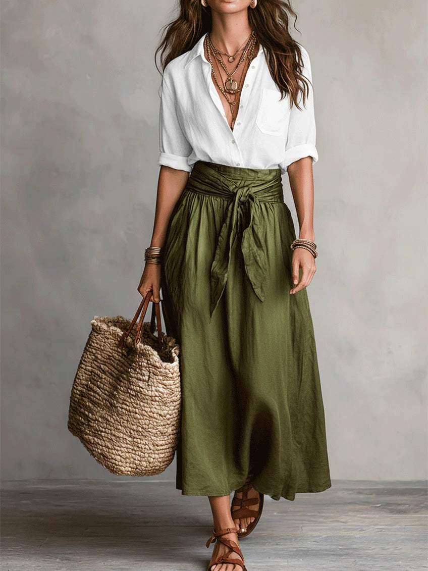 White blouse top and olive green midi skirt two-piece set, front view