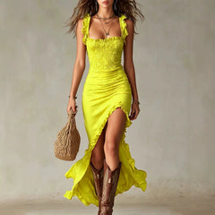 Bohemian ruched maxi dress in yellow with ruffle straps and side slit, draped hem