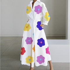 SOFER maxi dress with front wrap collar, long sleeves, white with colorful flower prints