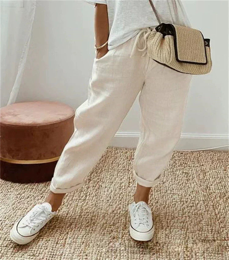 Cream breathable casual trousers with cuffed ankles