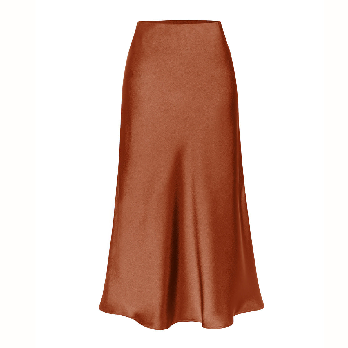 Brown high-waist side-slit midi skirt with smooth satin finish