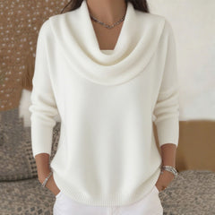 White cowl-neck sweater with long sleeves and ribbed hem and cuffs.