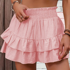 Tiered ruffle skort with smocked waist, light pink, boho casual shorts