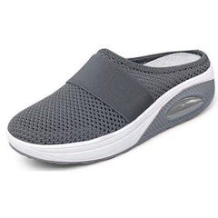 Breathable orthopaedic slip-on mules, dark grey knit upper with wide strap, cushioned air sole