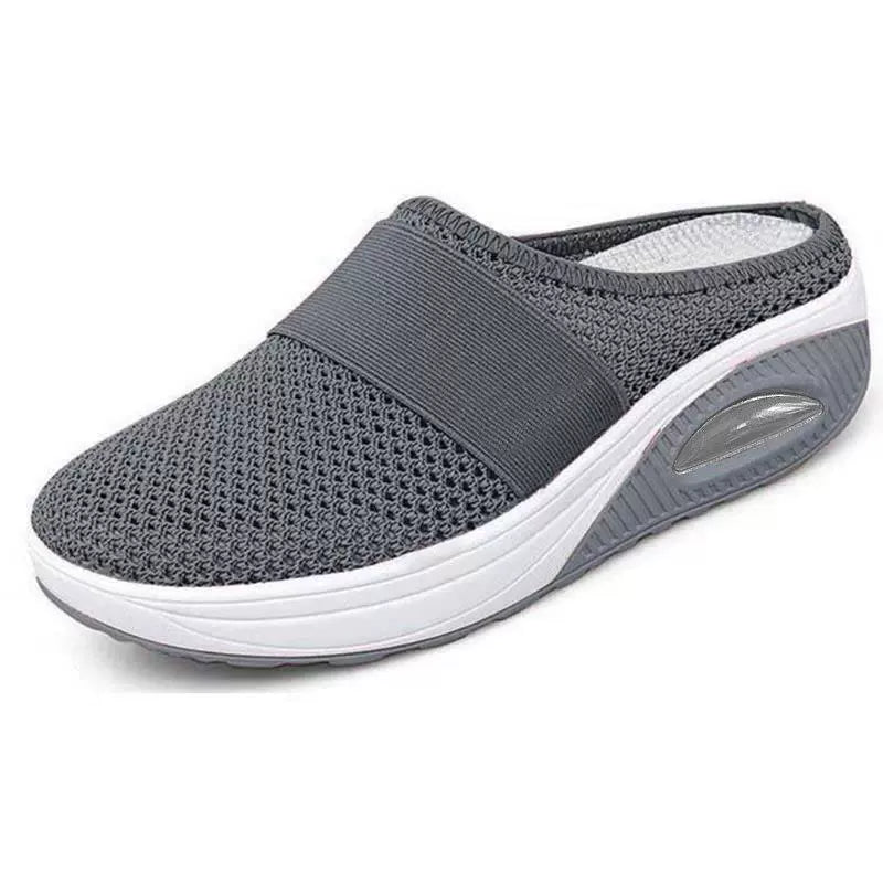 Breathable orthopaedic slip-on mules, dark grey knit upper with wide strap, cushioned air sole