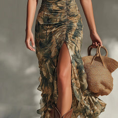 Ruched palm print maxi dress with ruffled trim and high front slit detail