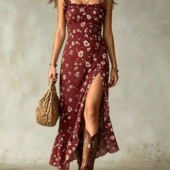 Burgundy ditsy floral smocked maxi dress with ruffle straps and side slit