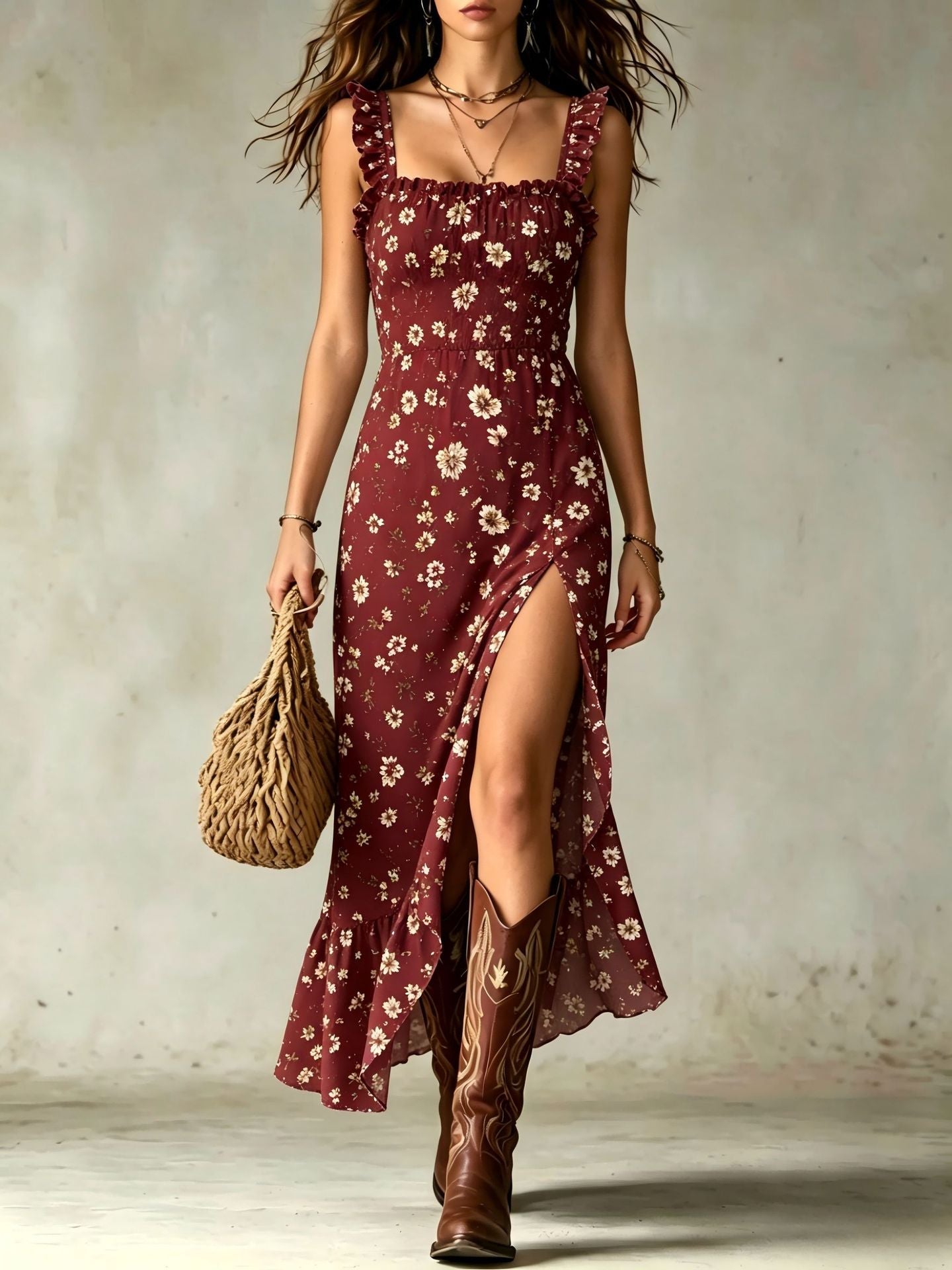 Burgundy ditsy floral smocked maxi dress with ruffle straps and side slit