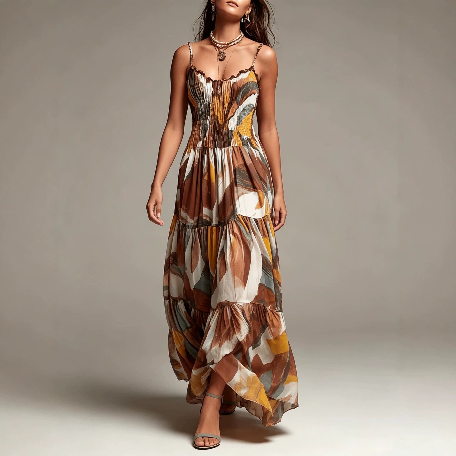 Abstract print smocked tiered maxi dress with flowing tiers and spaghetti straps