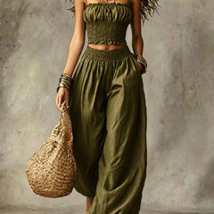 Smocked crop top and wide-leg pants set in army green, ruched bust and elastic waist.