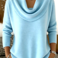 Sky blue cowl-neck sweater with long sleeves and ribbed hem and cuffs.